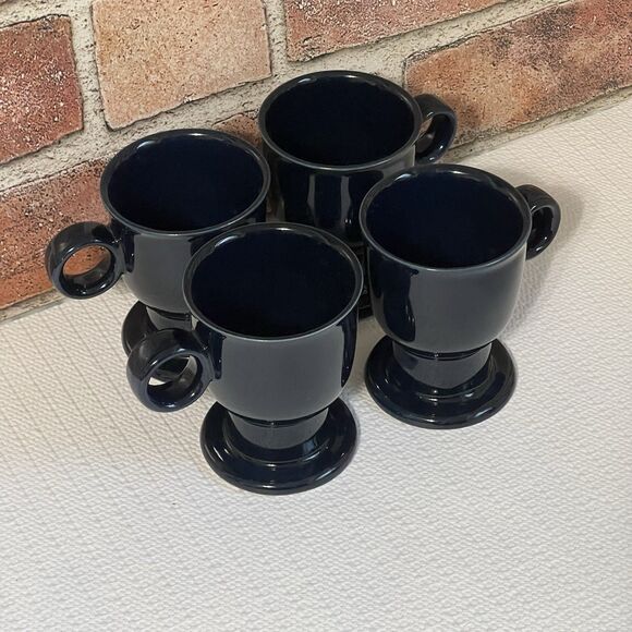 VINTAGE Cobalt Blue Ceramic Pedestal Expresso Coffee Mug Cup Set Of 4 Round - Picture 12 of 17